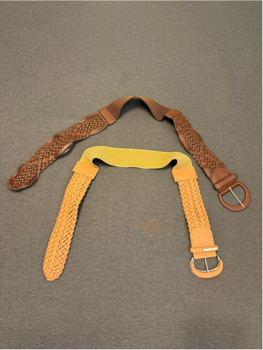 2 woven faux leather boho stretch belts M/L Tan Brown